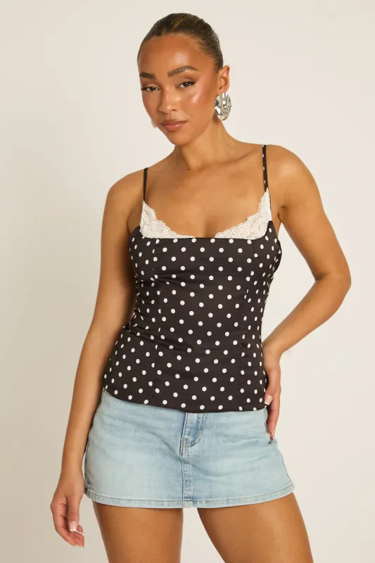 Black Satin Polka Dot Lace Trim Cami Top - Arna made by Rebellious Fashion