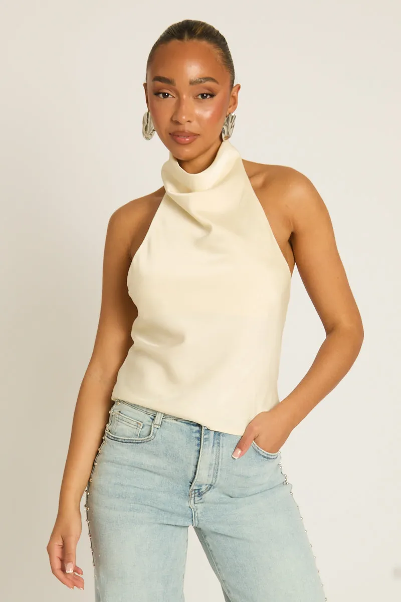 Cream Satin High Neck Cowl Top - Dawson sold by Rebellious Fashion