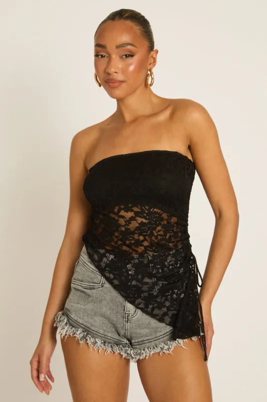 Black Lace Asymmetric Bandeau Top - Hartley made by Rebellious Fashion