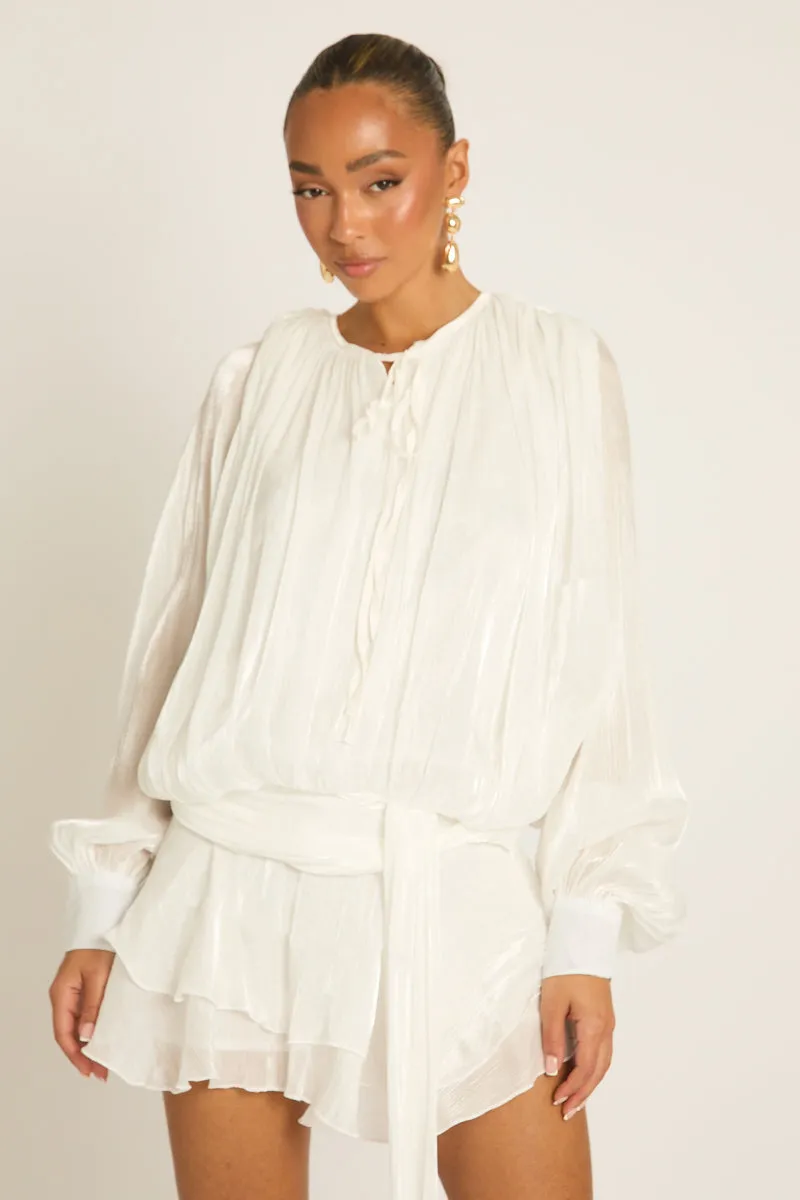 White Tie Front Blouson Mini Dress - Annabelle sold by Rebellious Fashion