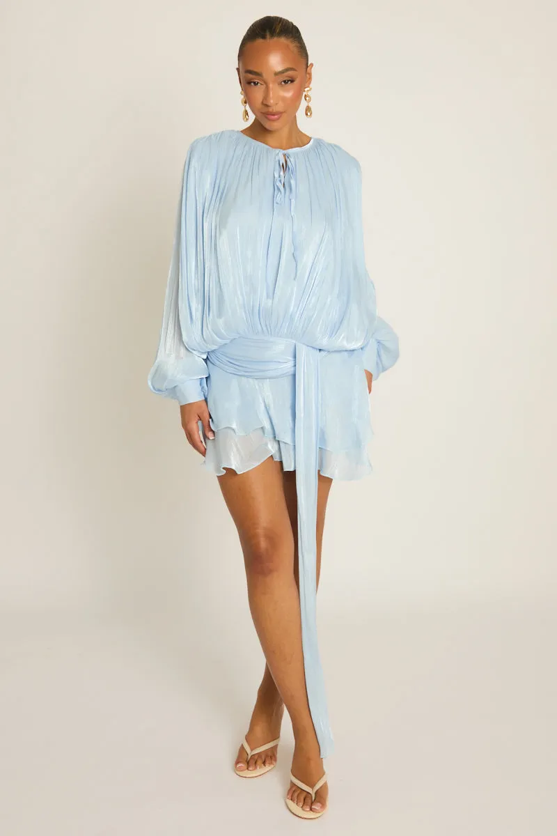 Blue Tie Front Blouson Mini Dress - Annabelle sold by Rebellious Fashion