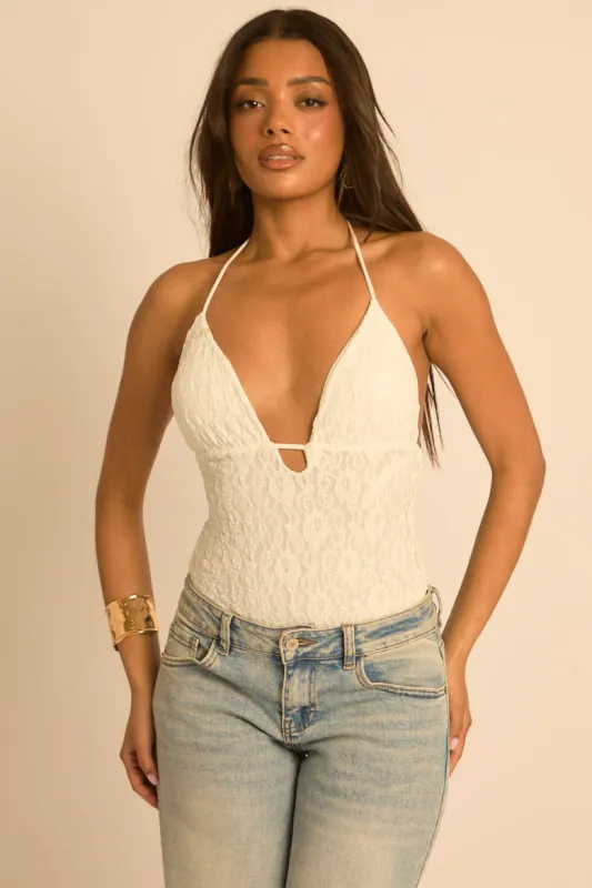 White Lace Plunge Bodysuit - India made by Rebellious Fashion