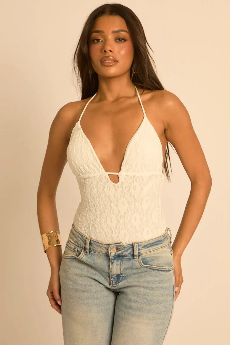 White Lace Plunge Bodysuit - India sold by Rebellious Fashion