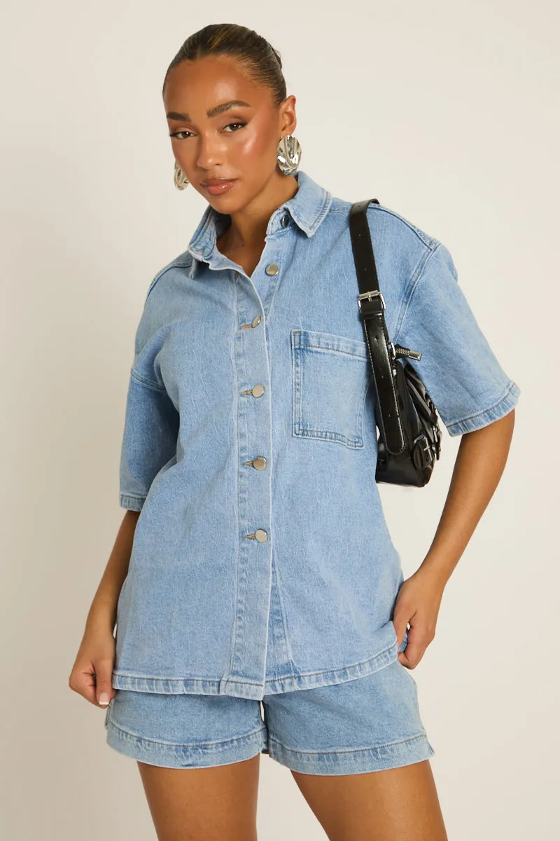 Washed Blue Denim Drawstring Waist Shorts - Hayley sold by Rebellious Fashion product image thumbnail 2