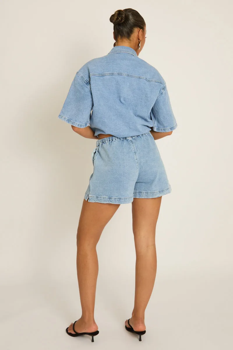 Washed Blue Denim Drawstring Waist Shorts - Hayley sold by Rebellious Fashion product image thumbnail 5