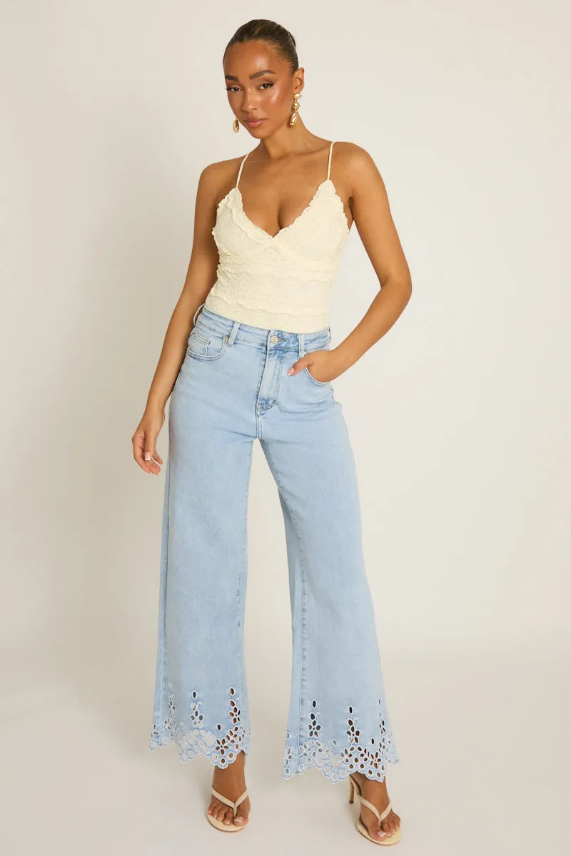 Light Blue Broderie Detail Wide Leg Jeans - Cerise sold by Rebellious Fashion