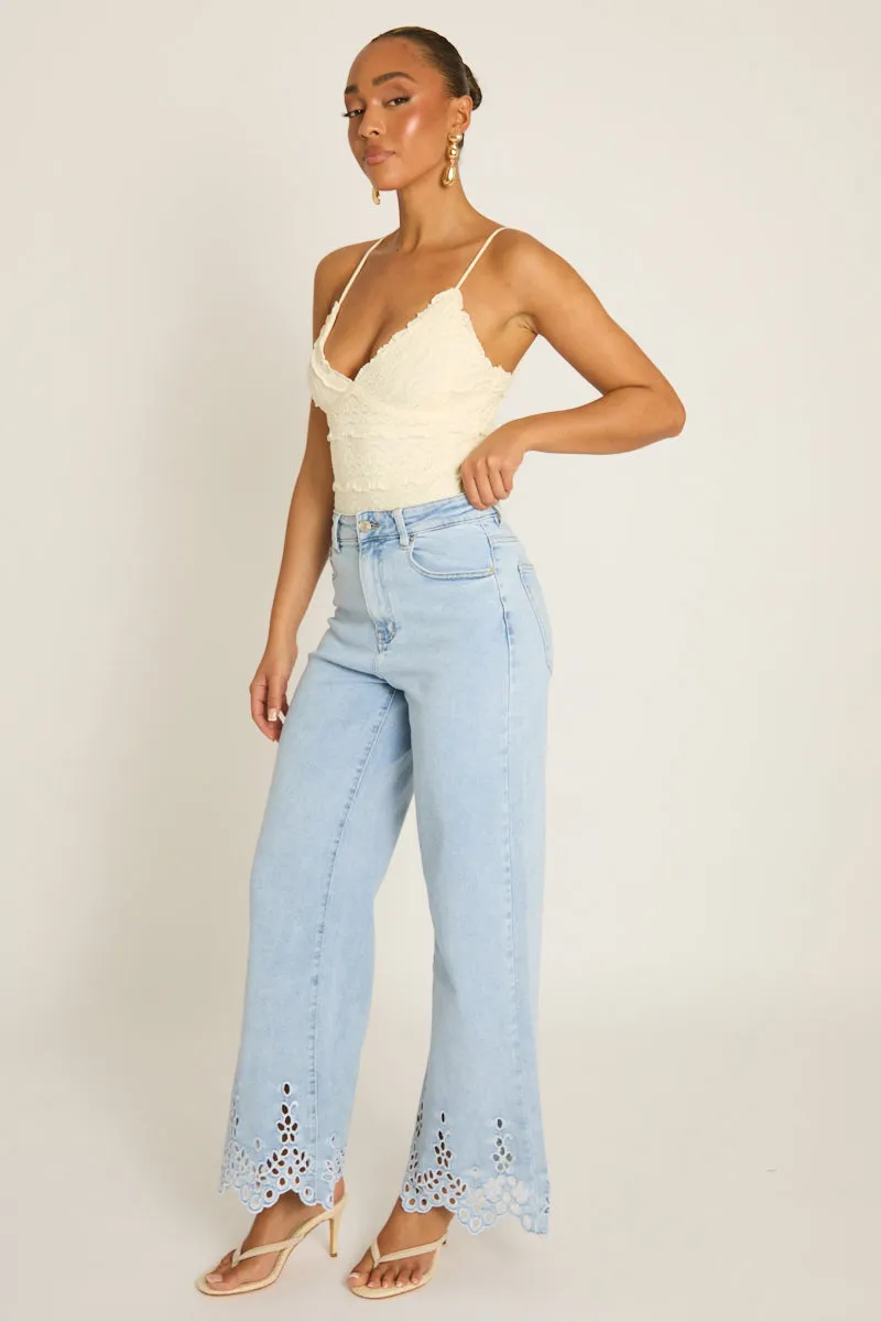Light Blue Broderie Detail Wide Leg Jeans - Cerise sold by Rebellious Fashion product image thumbnail 2
