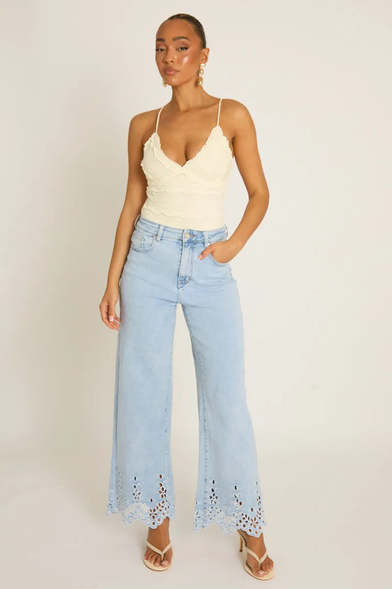 Light Blue Broderie Detail Wide Leg Jeans - Cerise sold by Rebellious Fashion product image thumbnail 4