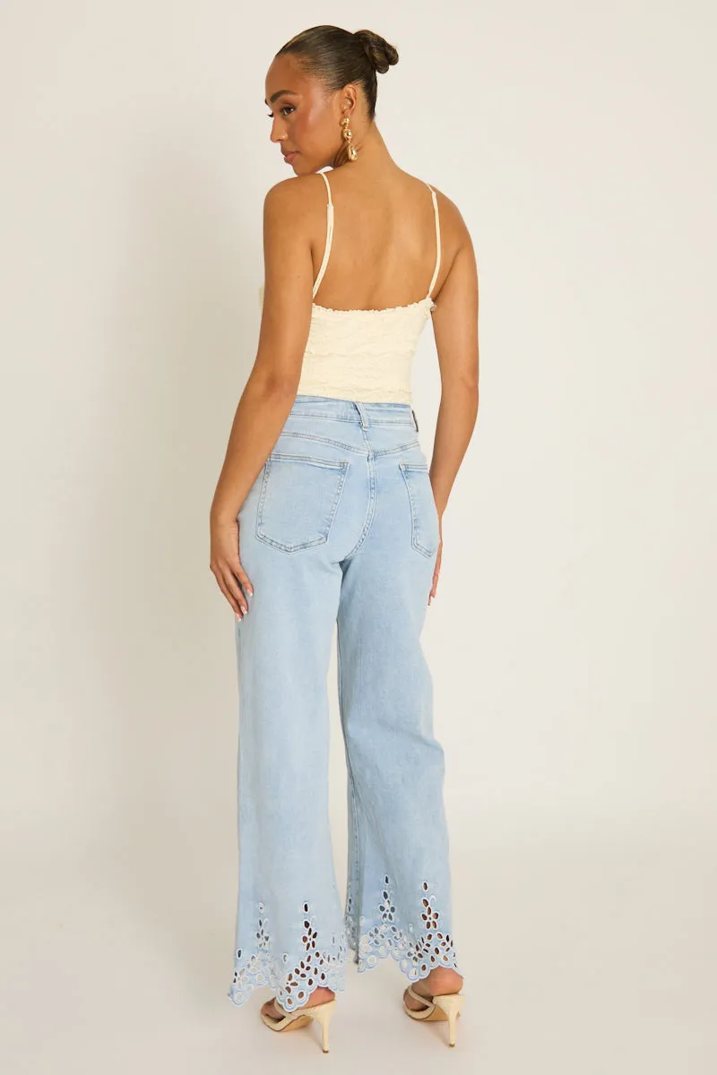 Light Blue Broderie Detail Wide Leg Jeans - Cerise sold by Rebellious Fashion product image thumbnail 5