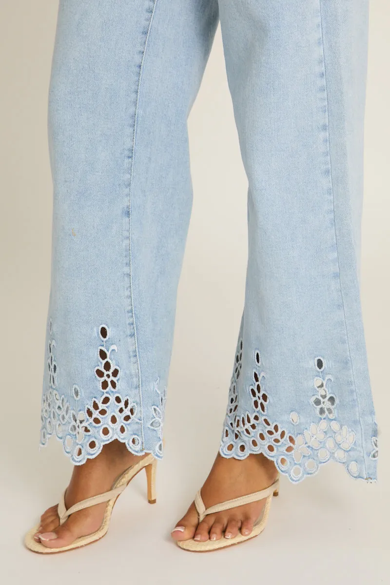 Light Blue Broderie Detail Wide Leg Jeans - Cerise sold by Rebellious Fashion product image thumbnail 3