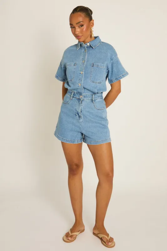 Washed Blue Denim Playsuit - Keke made by Rebellious Fashion