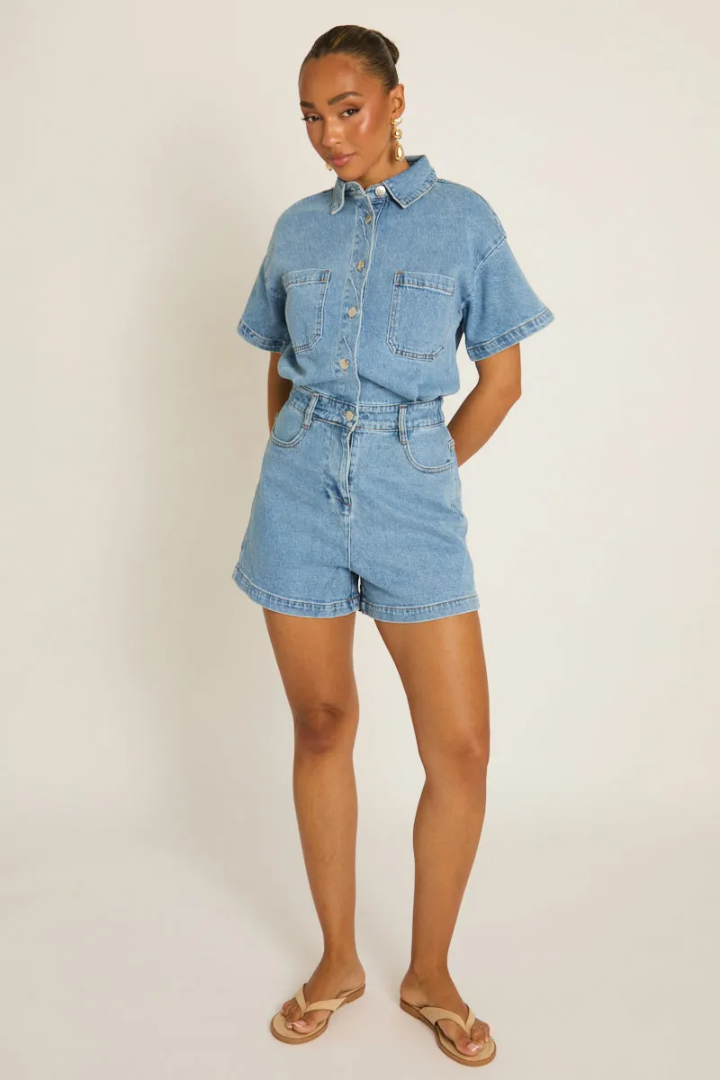 Washed Blue Denim Playsuit - Keke sold by Rebellious Fashion