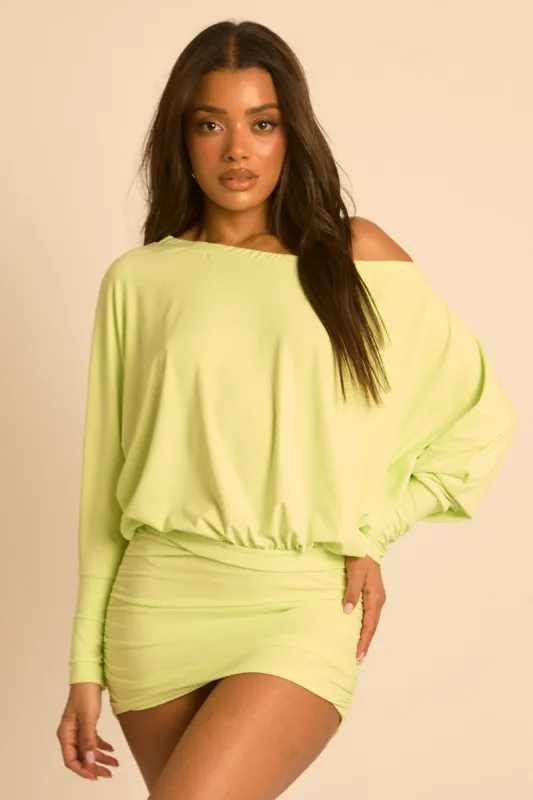 Lime Batwing Bardot Mini Dress - Clarice made by Rebellious Fashion