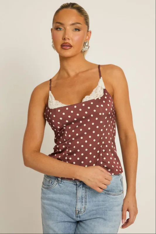 Chocolate Satin Polka Dot Lace Trim Cami Top - Arna made by Rebellious Fashion