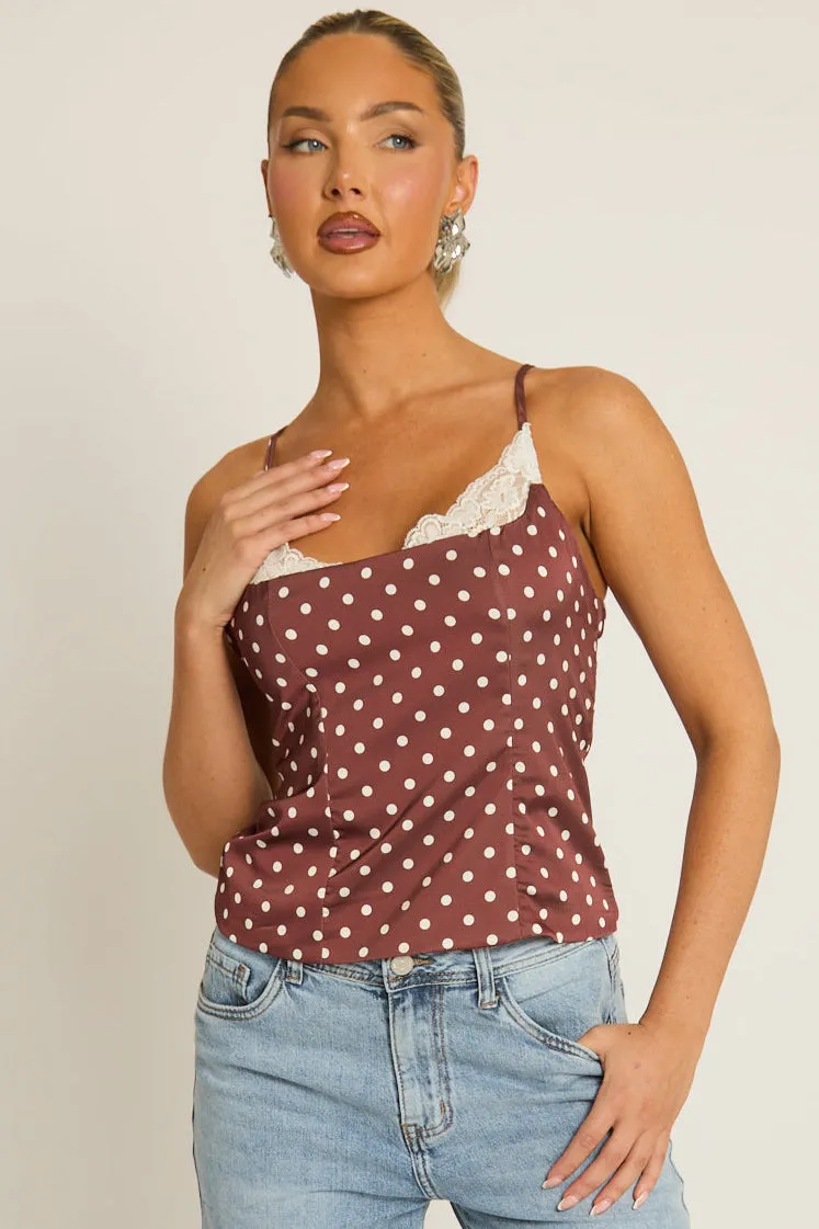 Chocolate Satin Polka Dot Lace Trim Cami Top - Arna sold by Rebellious Fashion product image thumbnail 3