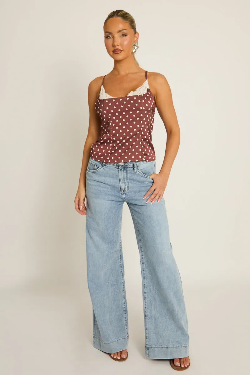 Chocolate Satin Polka Dot Lace Trim Cami Top - Arna sold by Rebellious Fashion product image thumbnail 2