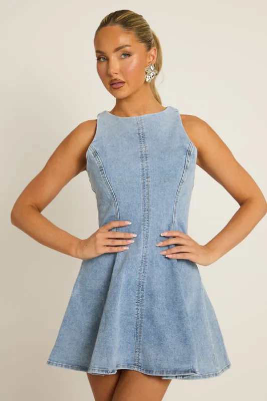 Blue Denim Seam Detail Skater Dress - Zahara made by Rebellious Fashion