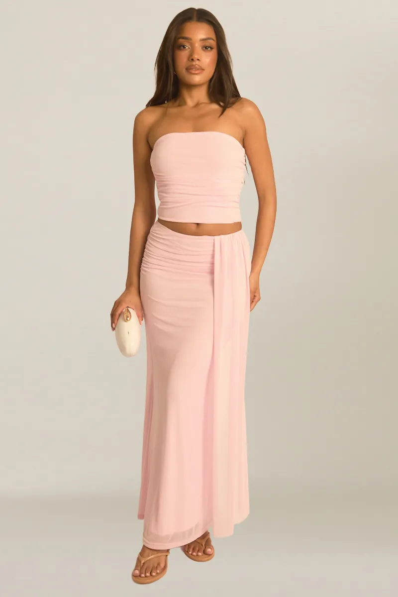 Pink Mesh Bandeau Top and Maxi Skirt Co-ord Set - Nuri sold by Rebellious Fashion