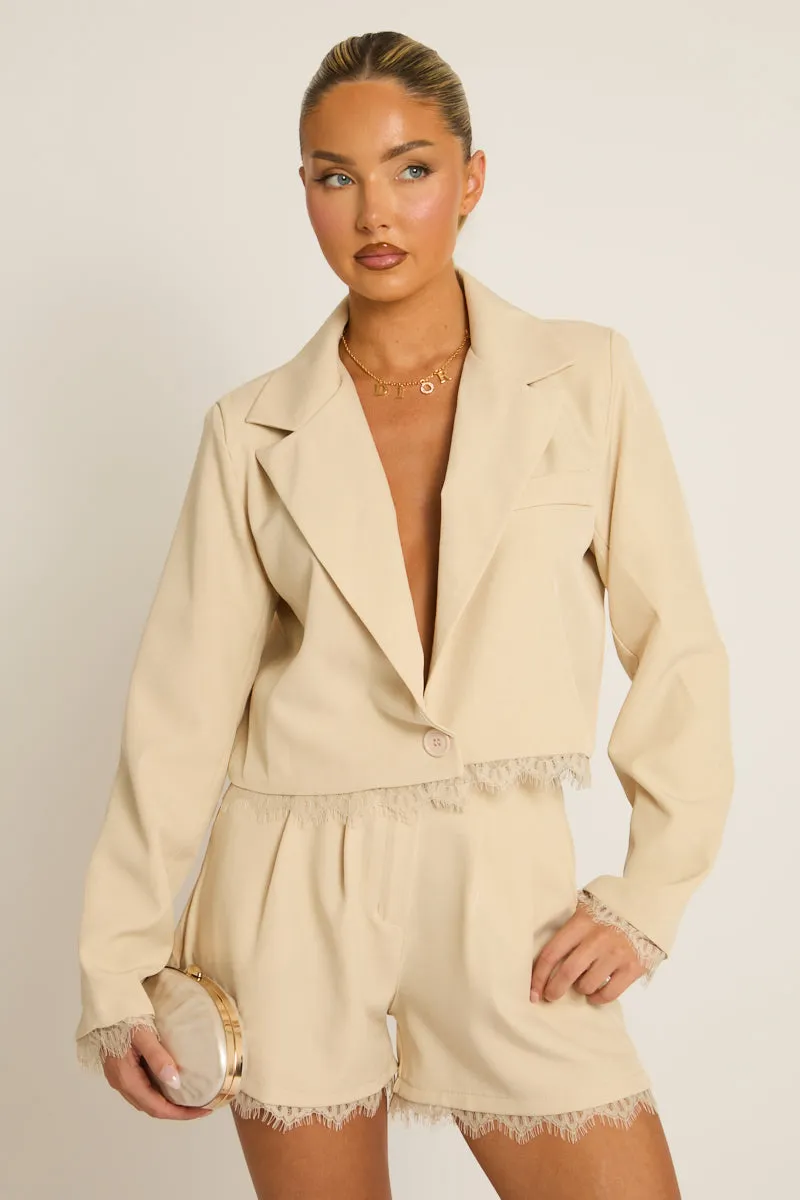 Beige Lace Trim Blazer - Vanessa sold by Rebellious Fashion