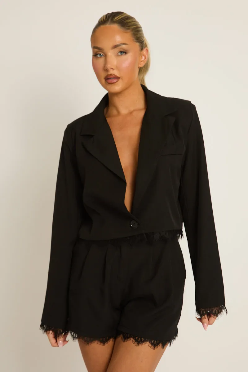 Black Lace Trim Blazer - Vanessa sold by Rebellious Fashion