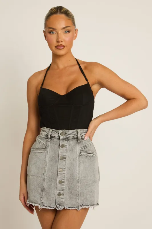 Grey Button Front Denim Skort - Jaxson made by Rebellious Fashion