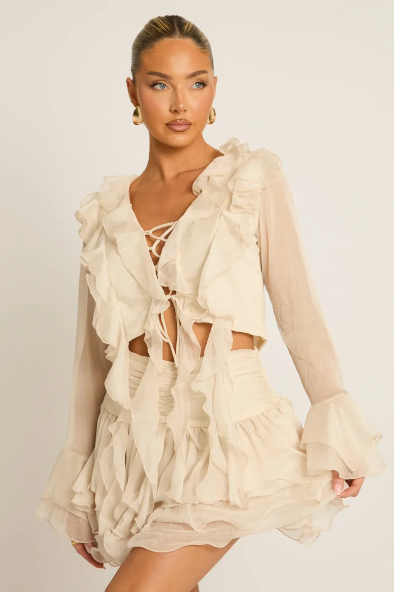 Beige Ruffle Tie Front Top and Skort Co-ord Set - Selena sold by Rebellious Fashion product image thumbnail 2