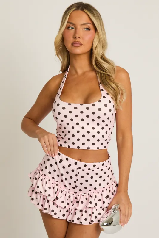 Pink Polka Dot Halter Top and Ruffle Skort Co-ord Set - Stassie made by Rebellious Fashion