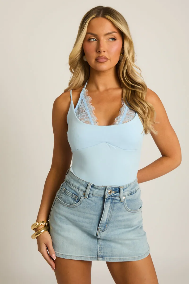 Blue Lace Trim Halter Bodysuit - Rayan sold by Rebellious Fashion product image thumbnail 5