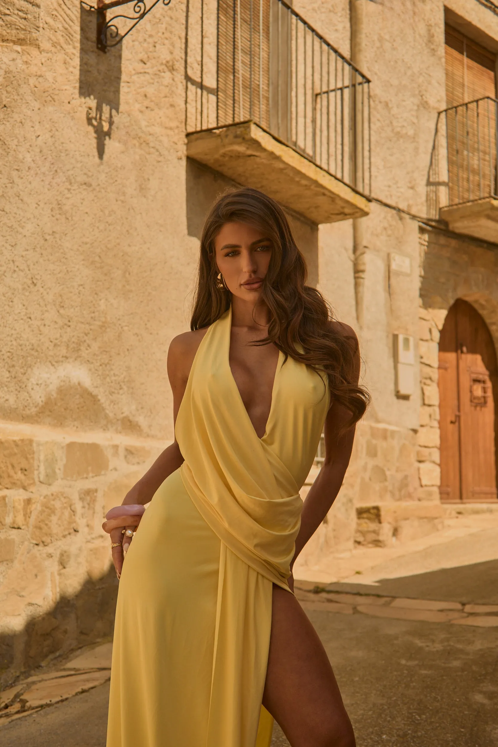 Yellow Split Hem Drape Maxi Dress - Arleen sold by Rebellious Fashion product image thumbnail 2
