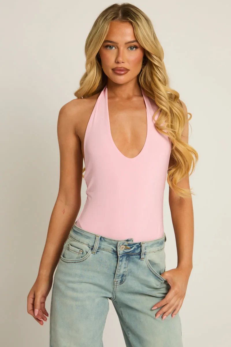 Pink Plunge Halterneck Bodysuit - Serena sold by Rebellious Fashion product image thumbnail 2