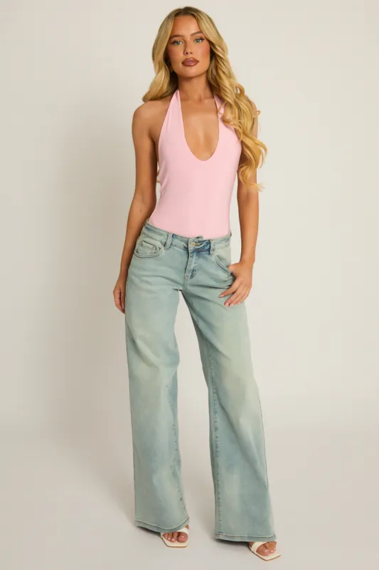 Pink Plunge Halterneck Bodysuit - Serena made by Rebellious Fashion