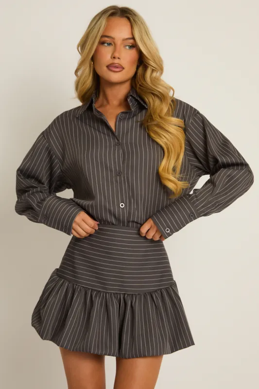 Grey Pinstripe Shirt and Puffball Skirt Co-ord Set - Hollia made by Rebellious Fashion