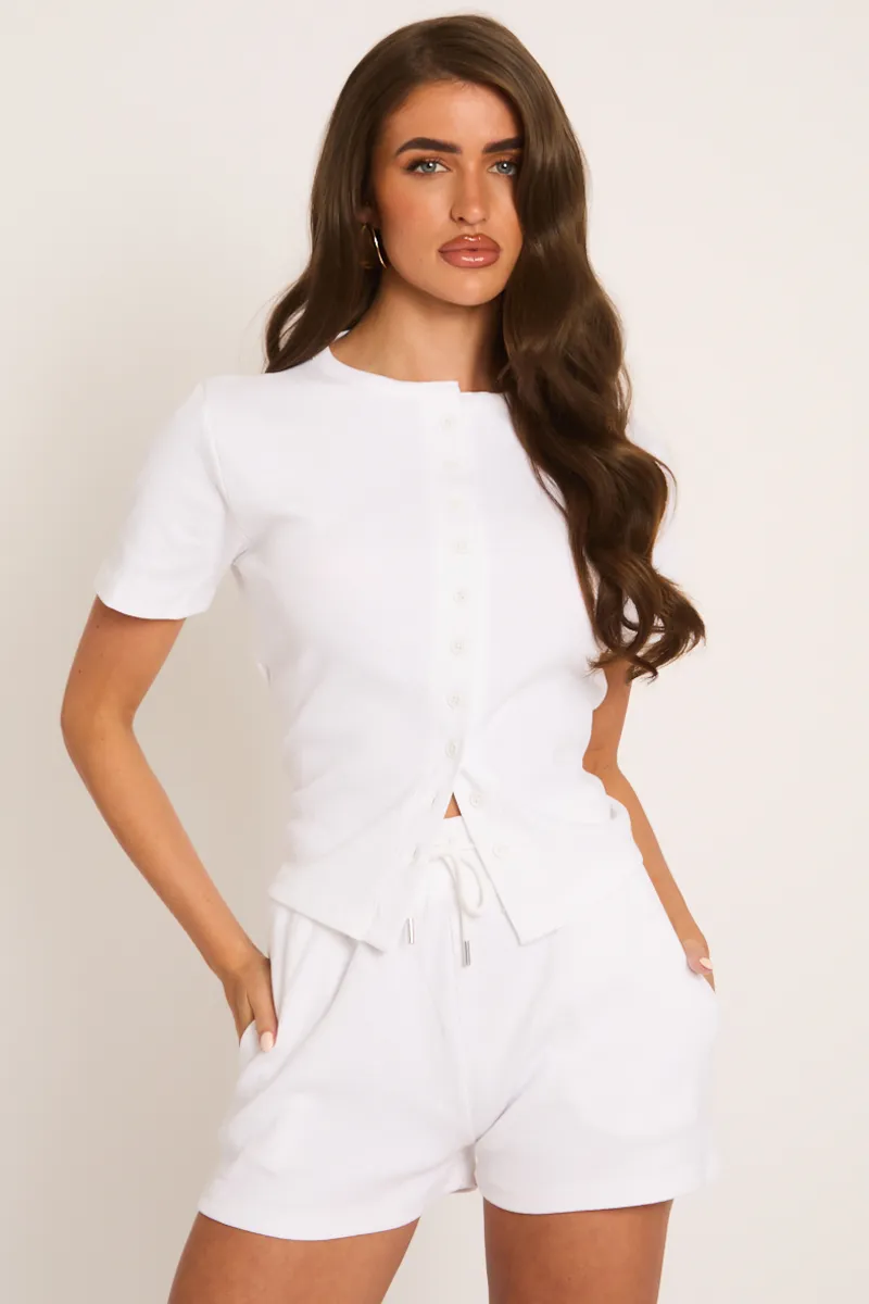 White Rib Button Front Top and Short Loungewear Co-ord Set - Dua sold by Rebellious Fashion product image thumbnail 3