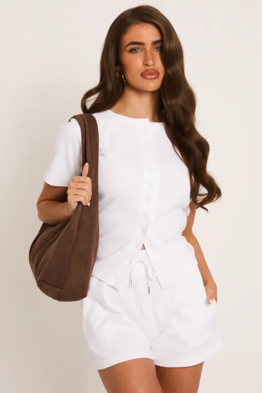 White Rib Button Front Top and Short Loungewear Co-ord Set - Dua made by Rebellious Fashion