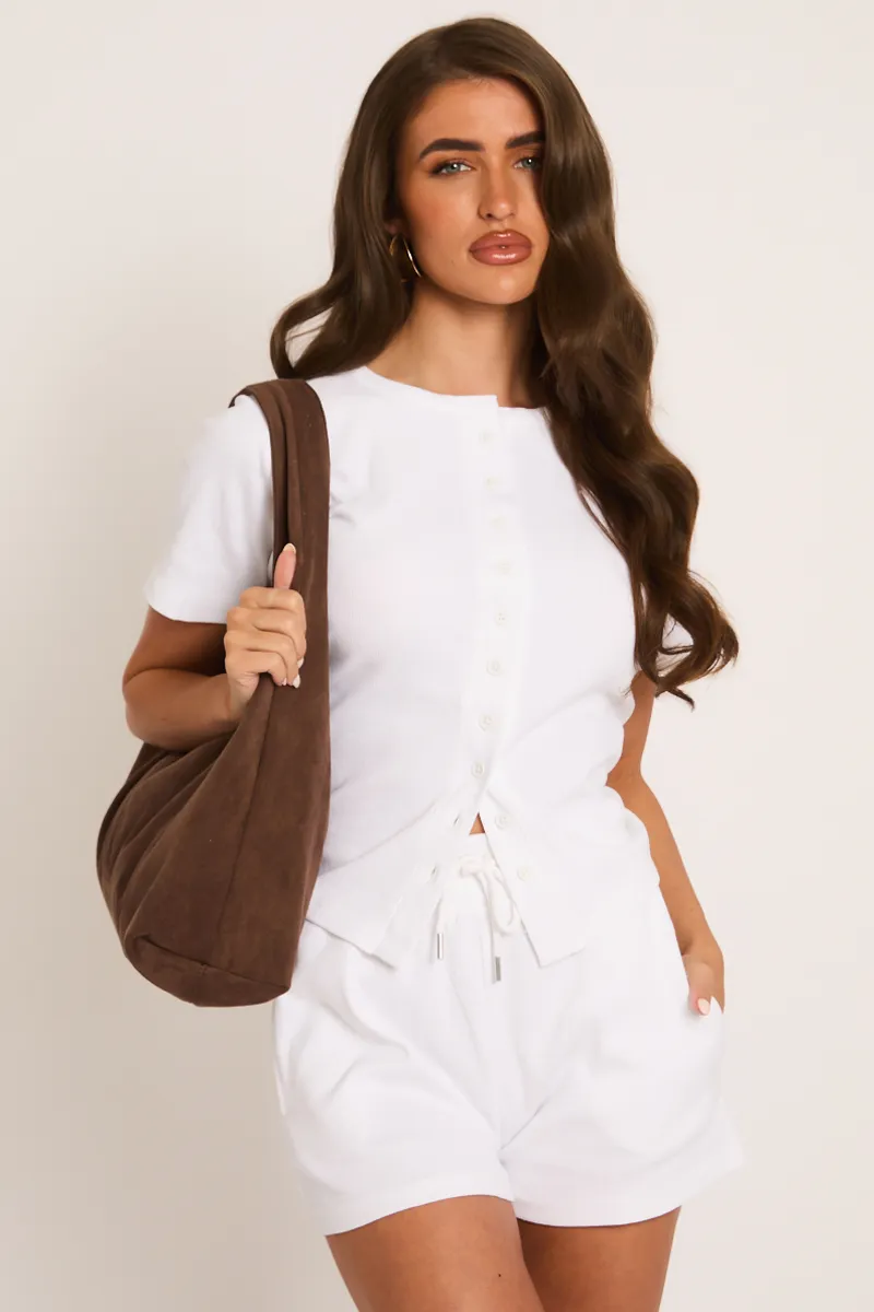 White Rib Button Front Top and Short Loungewear Co-ord Set - Dua sold by Rebellious Fashion