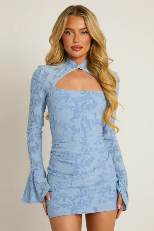 Blue Burnout Floral Flare Sleeve Mini Dress - Lori made by Rebellious Fashion