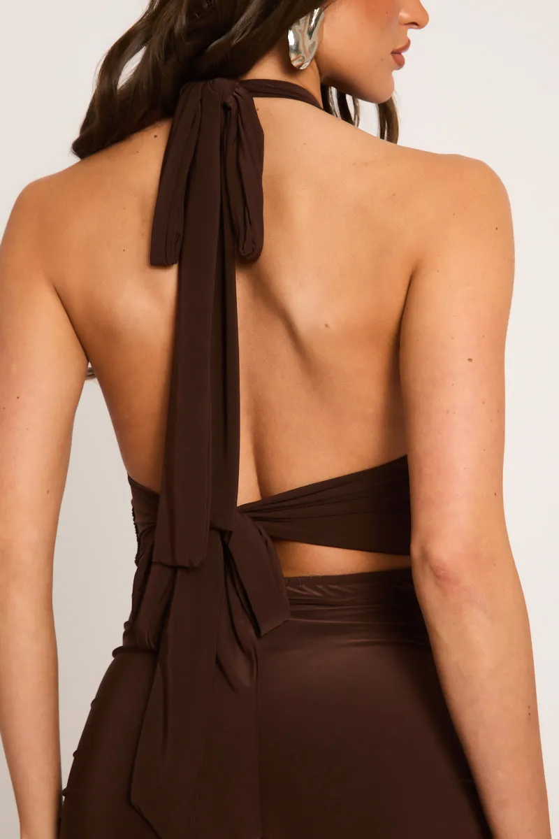 Chocolate Halter Neck Plunge Tie Back Playsuit - Florine sold by Rebellious Fashion product image thumbnail 4