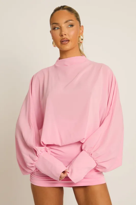 Pink Blouson Long Sleeve Mini Dress - Bryony made by Rebellious Fashion