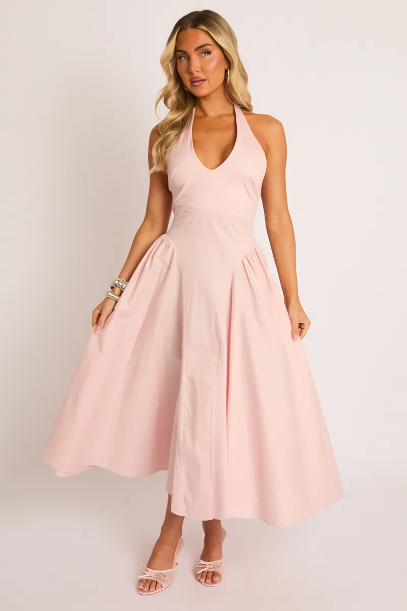 Pink Halterneck Drop Waist Midaxi Dress - Azari sold by Rebellious Fashion
