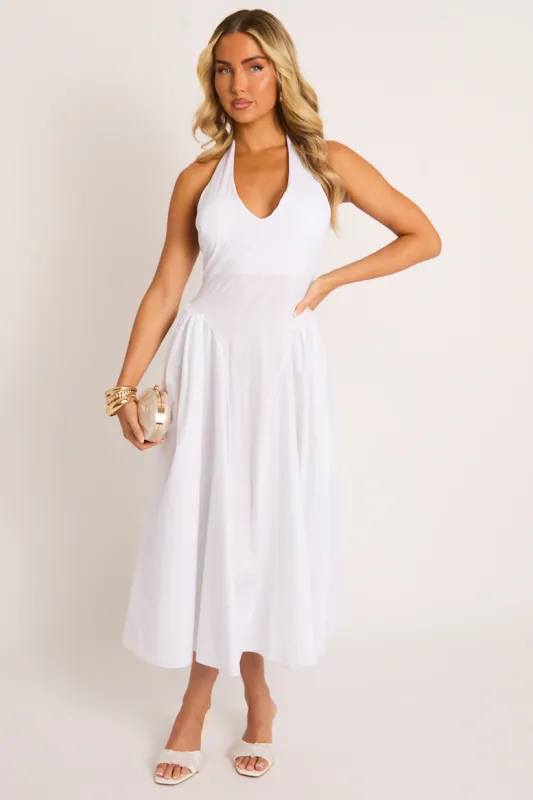 White Halterneck Drop Waist Midaxi Dress - Azari made by Rebellious Fashion