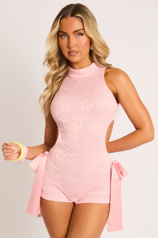 Pink Lace Cut Out Bow Detail Playsuit - Freya made by Rebellious Fashion