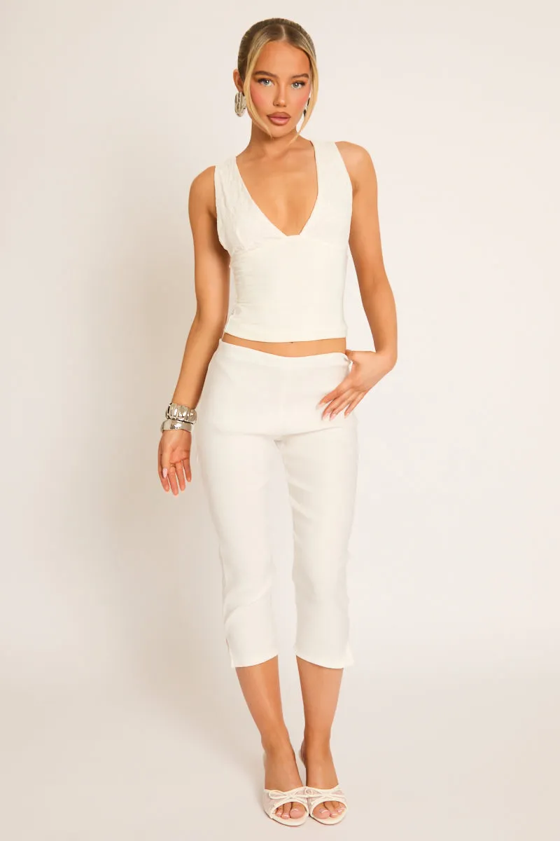 White Bengaline Split Hem Capri Pants - Jaclyn sold by Rebellious Fashion