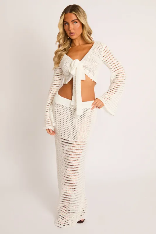 White Crochet Wrap Top and Maxi Skirt Co-ord Set - Josie made by Rebellious Fashion