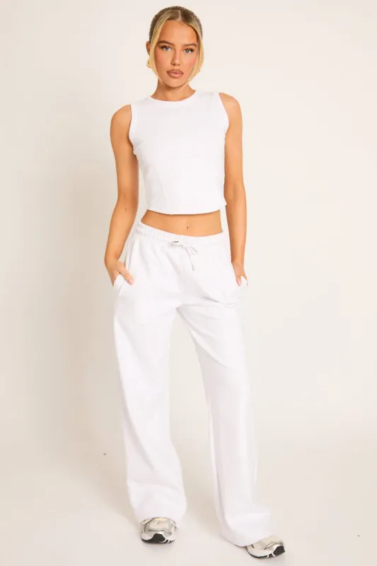 White Seam Detail Sleeveless Top and Wide Leg Joggers Loungewear Co-ord Set - Brielle made by Rebellious Fashion