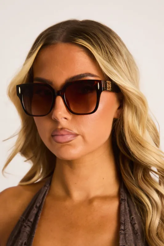Brown Tortoise Shell Logo Detail Oversized Square Sunglasses - Janice made by Rebellious Fashion