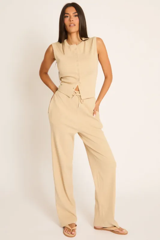 Beige Button Front Top and Trouser Loungewear Co-ord Set - Caitlen made by Rebellious Fashion
