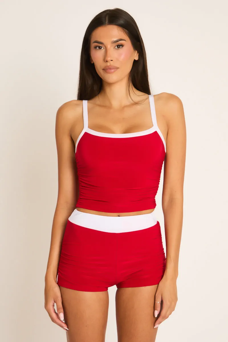 Red Contrast Trim Ruched Top and Shorts Co-ord Set - Paula sold by Rebellious Fashion product image thumbnail 4