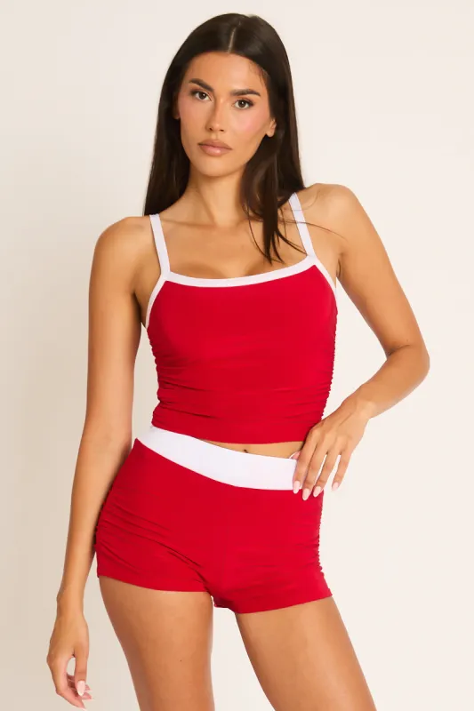 Red Contrast Trim Ruched Top and Shorts Co-ord Set - Paula made by Rebellious Fashion