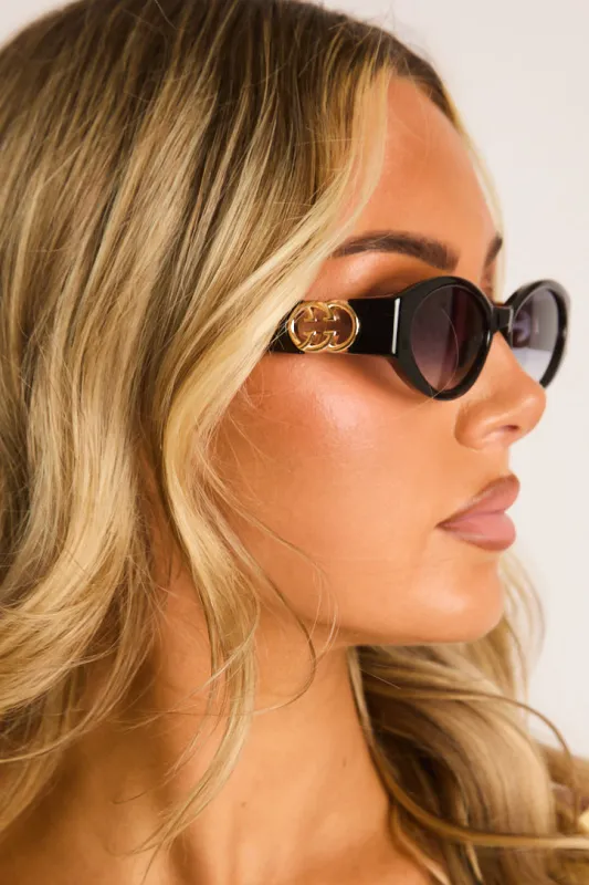 Black Logo Detail Oval Sunglasses - Avah made by Rebellious Fashion