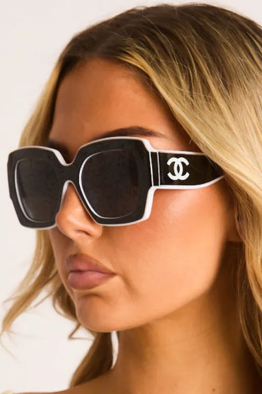 Black Logo Detail Contrast Trim Square Sunglasses - Tia made by Rebellious Fashion